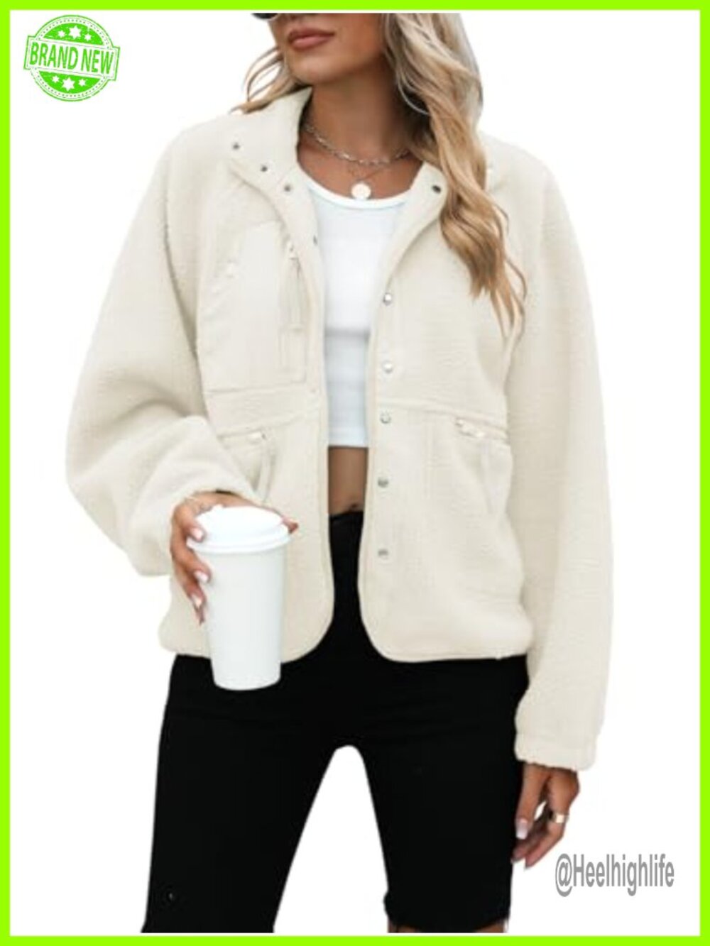 Womens Fleece Jacket Button Down Sherpa Fuzzy Sweater Oversized Cropped